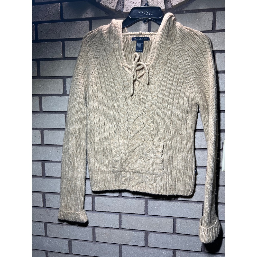 VTG Abercrombie Fitch Women Cable Knit Hoodie Sweater Beige Lace Up Size LG